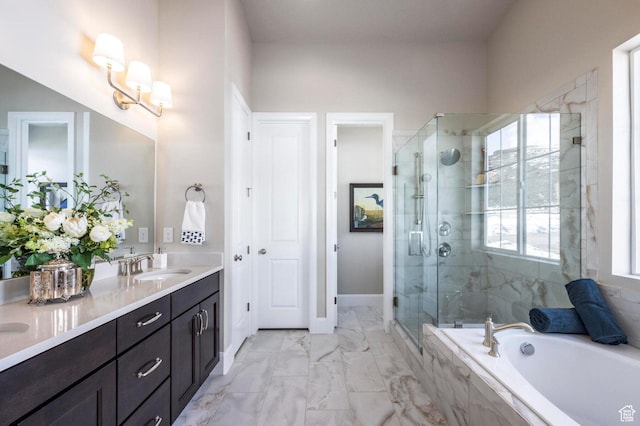 1460 Rocky Mountain Way Unit 223, Francis, UT 84036 - full bath featuring double vanity, a stall shower, a bath, marble finish floors, and baseboards