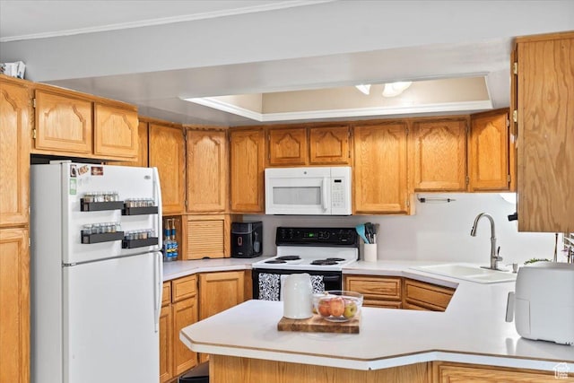5824 S 2150 W, Roy, UT 84067 - kitchen with white appliances, a sink, light countertops, and a peninsula