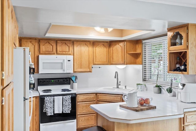5824 S 2150 W, Roy, UT 84067 - kitchen featuring white appliances, a sink, open shelves, and light countertops