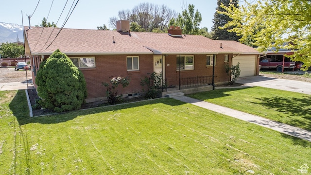 253 S 100 W, American Fork, UT 84003 - single story home with driveway, brick siding, a garage, a chimney, and a front yard