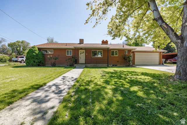 253 S 100 W, American Fork, UT 84003 - single story home with an attached garage, a chimney, concrete driveway, a front lawn, and brick siding