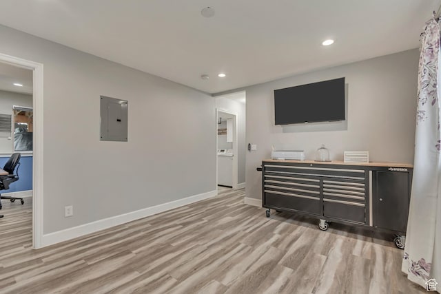 1874 W 180 S, Orem, UT 84059 - living room featuring electric panel, washer / dryer, light wood-style flooring, baseboards, and recessed lighting