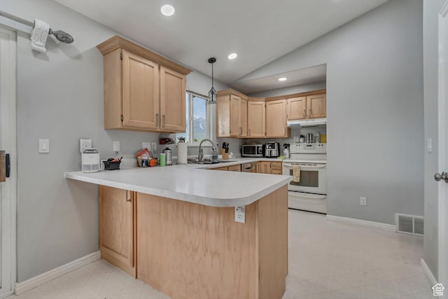 1874 W 180 S, Orem, UT 84059 - kitchen with white range with electric stovetop, stainless steel microwave, a peninsula, light floors, and light countertops