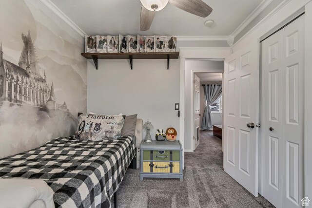 1874 W 180 S, Orem, UT 84059 - bedroom featuring carpet floors, ornamental molding, a closet, and a ceiling fan