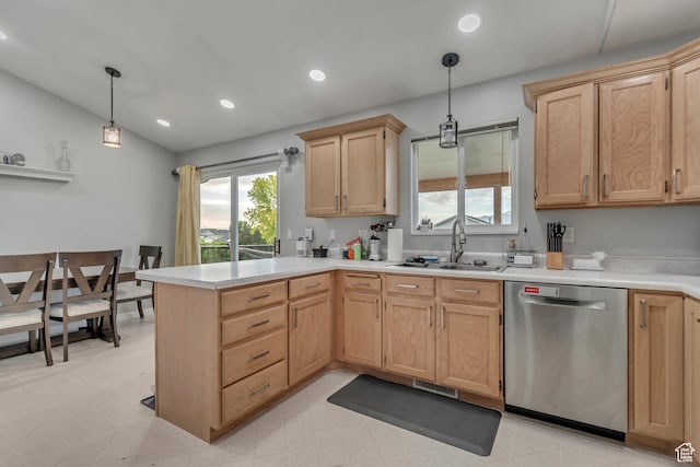 1874 W 180 S, Orem, UT 84059 - kitchen with stainless steel dishwasher, light brown cabinets, a sink, a peninsula, and recessed lighting