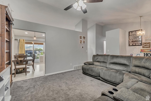 1874 W 180 S, Orem, UT 84059 - living area with ceiling fan, vaulted ceiling, a chandelier, baseboards, and recessed lighting