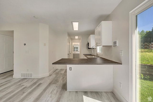 2240 S Lorin Cir W, Ogden, UT 84401 - kitchen featuring a sink, white cabinetry, light wood-style flooring, a peninsula, and baseboards