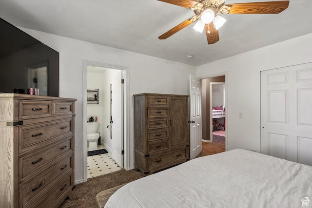 3916 W 4800 S, Roy, UT 84067 - bedroom featuring dark colored carpet, ensuite bath, baseboards, and ceiling fan