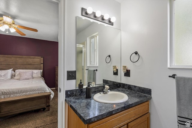 3916 W 4800 S, Roy, UT 84067 - bathroom featuring vanity, a ceiling fan, and a shower with shower door