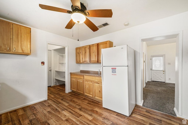 611 E 500 N, Spanish Fork, UT 84660 - kitchen with freestanding refrigerator, dark wood-style flooring, a ceiling fan, and baseboards