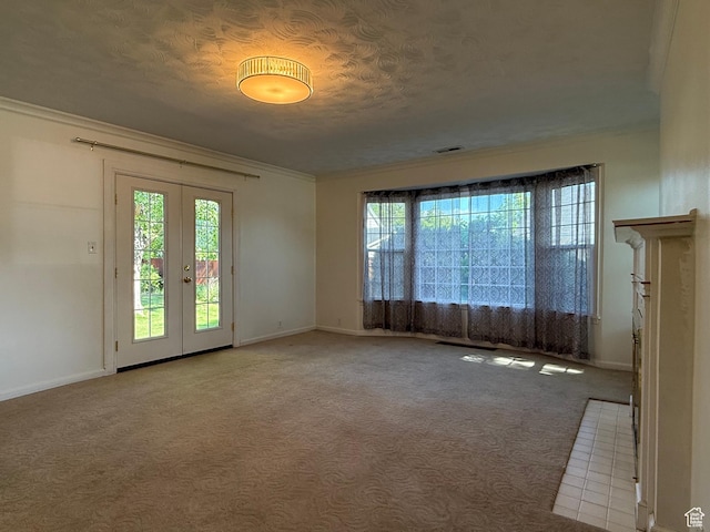 169 N State St, Roosevelt, UT 84066 - carpeted empty room with healthy amount of natural light, baseboards, french doors, ornamental molding, and a textured ceiling