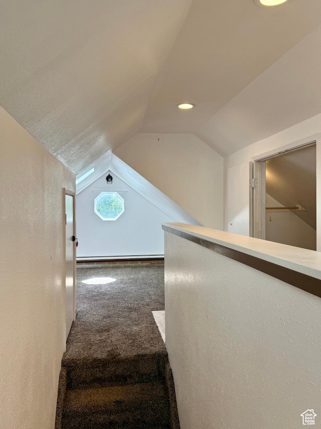 169 N State St, Roosevelt, UT 84066 - staircase featuring carpet, lofted ceiling, and recessed lighting