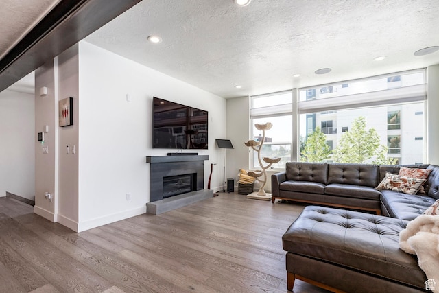 260 W 500 N Unit 4, Salt Lake City, UT 84103 - living room with a textured ceiling, wood finished floors, baseboards, a glass covered fireplace, and recessed lighting