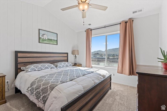 3624 N Annabell St, Eagle Mountain, UT 84005 - bedroom with vaulted ceiling, carpet, a mountain view, and a ceiling fan