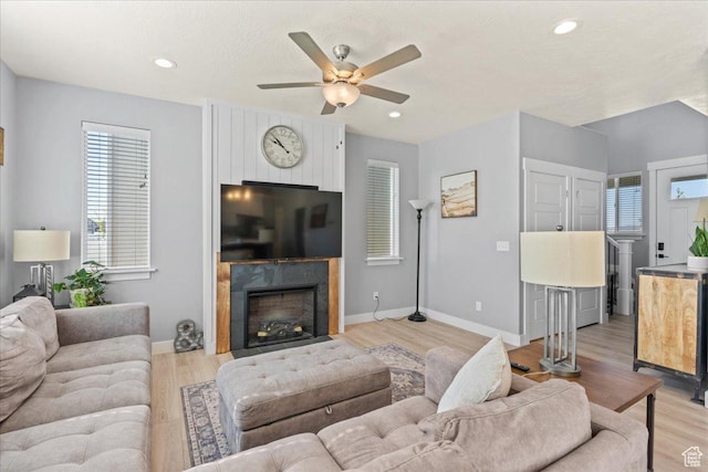 3624 N Annabell St, Eagle Mountain, UT 84005 - living area featuring a ceiling fan, baseboards, plenty of natural light, light wood finished floors, and recessed lighting