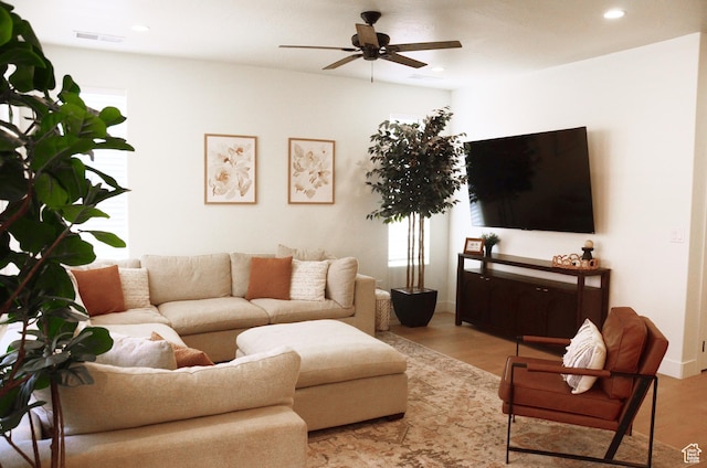 1376 Rustico, Washington, UT 84780 - living room featuring a ceiling fan, recessed lighting, and light wood-type flooring