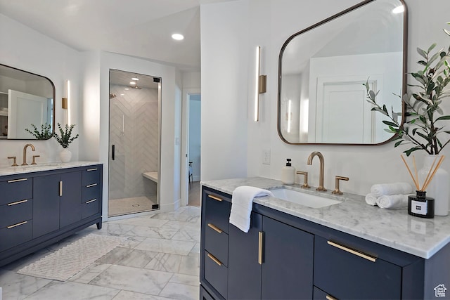 1504 Lake Front Ct, Park City, UT 84098 - bathroom featuring recessed lighting, a stall shower, two vanities, marble look tile flooring, and baseboards