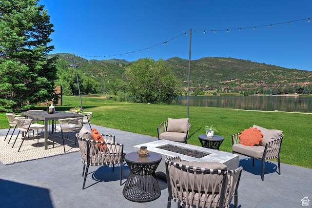 1504 Lake Front Ct, Park City, UT 84098 - view of patio / terrace with an outdoor fire pit, a water and mountain view, and outdoor dining space