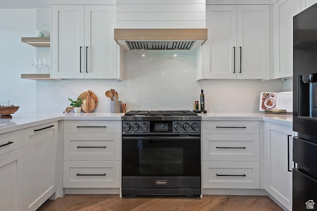 1504 Lake Front Ct, Park City, UT 84098 - kitchen featuring range with gas stovetop, open shelves, exhaust hood, white cabinetry, and light countertops