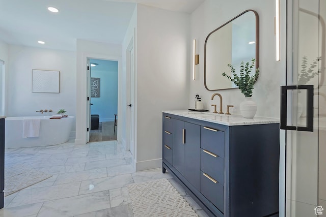 1504 Lake Front Ct, Park City, UT 84098 - full bathroom with vanity, a soaking tub, marble look tile flooring, baseboards, and recessed lighting