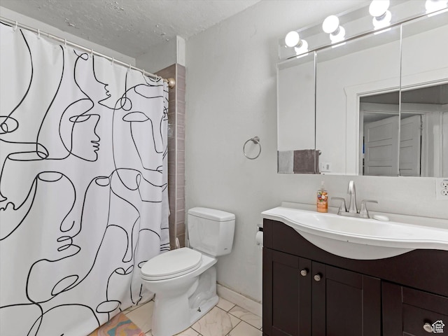628 E 420 N, Provo, UT 84606 - bathroom featuring vanity, toilet, a textured ceiling, baseboards, and marble look tiles