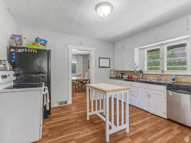 628 E 420 N, Provo, UT 84606 - kitchen featuring dishwasher, white electric range oven, a sink, light wood finished floors, and dark countertops