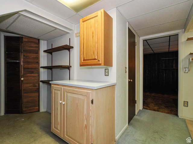 5747 S Sanford Dr, Murray, UT 84123 - kitchen with a paneled ceiling, light carpet, light brown cabinets, open shelves, and light countertops