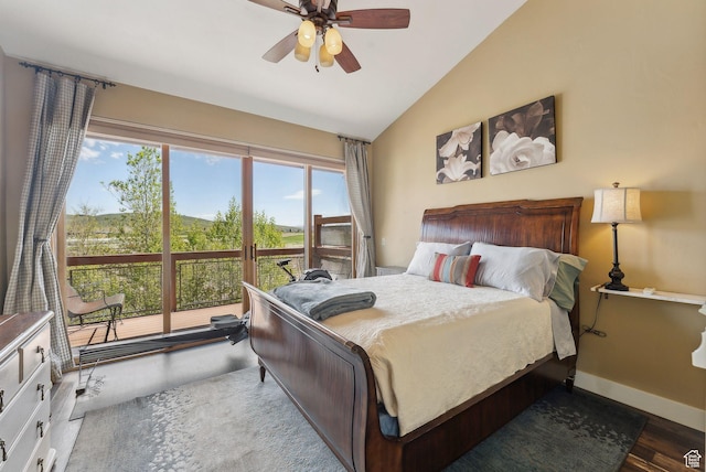 6322 N Park Ln Unit 3, Park City, UT 84098 - bedroom with lofted ceiling, baseboards, access to outside, wood finished floors, and ceiling fan