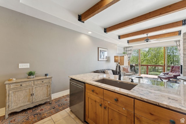 6322 N Park Ln Unit 3, Park City, UT 84098 - kitchen featuring stainless steel dishwasher, a sink, open floor plan, light stone counters, and beam ceiling