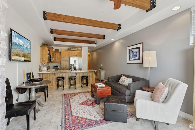 6322 N Park Ln Unit 3, Park City, UT 84098 - living room featuring beamed ceiling, recessed lighting, and light tile patterned flooring