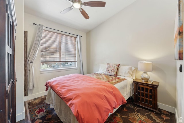 6322 N Park Ln Unit 3, Park City, UT 84098 - bedroom with baseboards, lofted ceiling, wood finished floors, and a ceiling fan