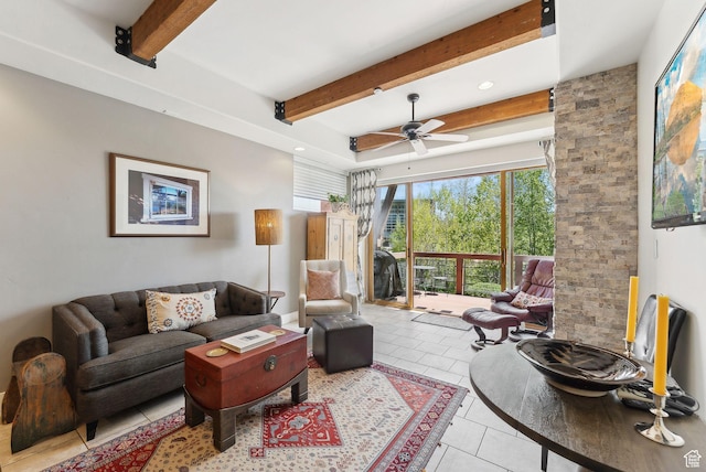 6322 N Park Ln Unit 3, Park City, UT 84098 - tiled living area featuring beam ceiling, a ceiling fan, and recessed lighting