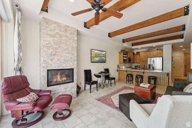 6322 N Park Ln Unit 3, Park City, UT 84098 - living area with a ceiling fan, a fireplace, beamed ceiling, recessed lighting, and light tile patterned flooring