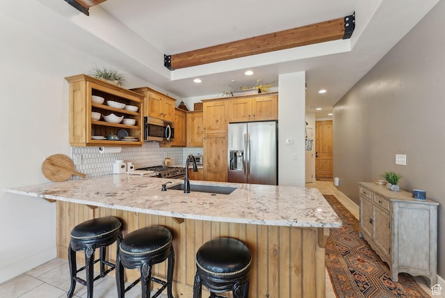 6322 N Park Ln Unit 3, Park City, UT 84098 - kitchen with appliances with stainless steel finishes, a sink, a peninsula, open shelves, and recessed lighting