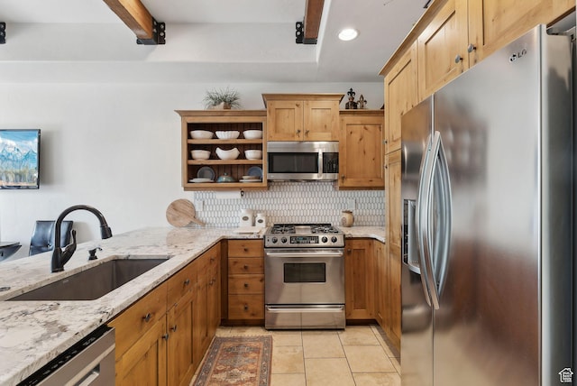 6322 N Park Ln Unit 3, Park City, UT 84098 - kitchen featuring stainless steel appliances, a sink, backsplash, light stone counters, and light tile patterned floors