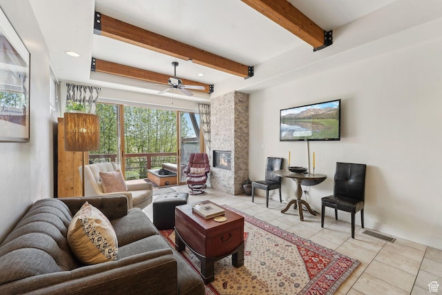 6322 N Park Ln Unit 3, Park City, UT 84098 - living room featuring tile patterned flooring, beam ceiling, a stone fireplace, ceiling fan, and recessed lighting