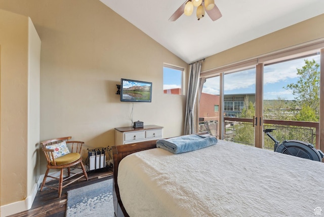 6322 N Park Ln Unit 3, Park City, UT 84098 - bedroom with dark wood-style floors, access to outside, lofted ceiling, baseboards, and ceiling fan