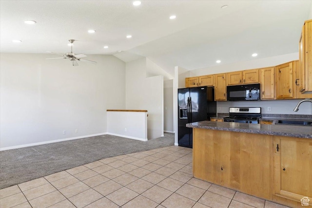 1627 W 350 N, West Point, UT 84015 - kitchen featuring black appliances, light colored carpet, a sink, lofted ceiling, and dark countertops
