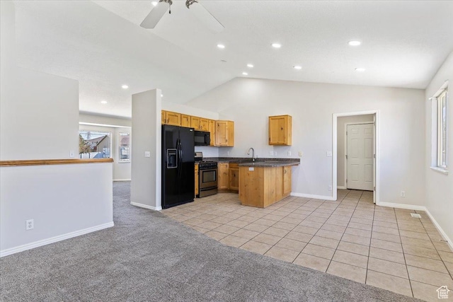 1627 W 350 N, West Point, UT 84015 - kitchen with black appliances, dark countertops, vaulted ceiling, baseboards, and ceiling fan