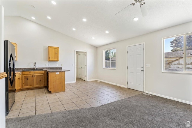 1627 W 350 N, West Point, UT 84015 - kitchen featuring dark countertops, ceiling fan, a sink, recessed lighting, and light tile patterned floors
