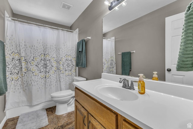 1123 N 3050 W, West Point, UT 84015 - bathroom featuring toilet, vanity, stone finish floors, and shower / bathtub combination with curtain