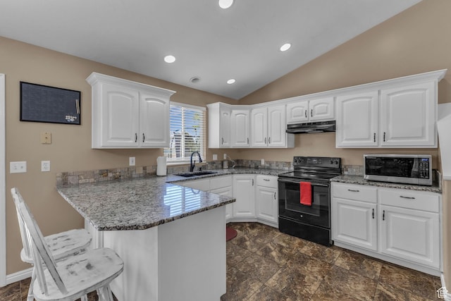 1123 N 3050 W, West Point, UT 84015 - kitchen featuring stainless steel microwave, black / electric stove, a sink, a peninsula, and under cabinet range hood