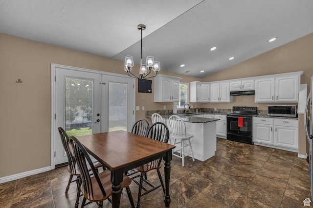 1123 N 3050 W, West Point, UT 84015 - dining space with vaulted ceiling, french doors, a chandelier, baseboards, and recessed lighting