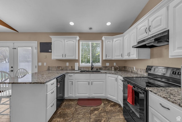 1123 N 3050 W, West Point, UT 84015 - kitchen featuring black appliances, a sink, under cabinet range hood, a peninsula, and white cabinetry