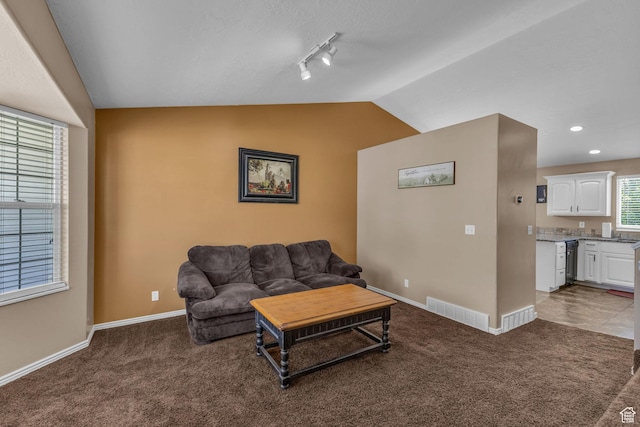 1123 N 3050 W, West Point, UT 84015 - living room featuring vaulted ceiling, light carpet, baseboards, and rail lighting
