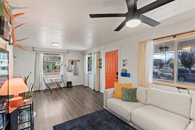 35 E Redondo Ave, Salt Lake City, UT 84115 - living room with wood finished floors, a ceiling fan, and baseboards