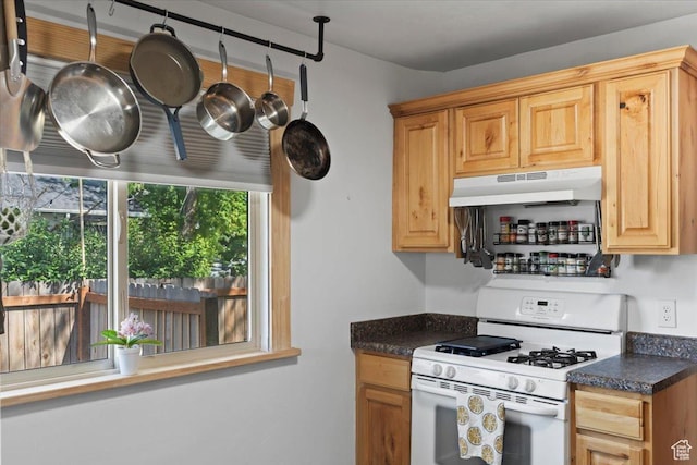 35 E Redondo Ave, Salt Lake City, UT 84115 - kitchen with white range with gas stovetop, under cabinet range hood, dark countertops, and light brown cabinetry