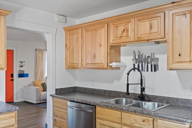 35 E Redondo Ave, Salt Lake City, UT 84115 - kitchen featuring a sink, stainless steel dishwasher, light brown cabinetry, dark countertops, and wood finished floors