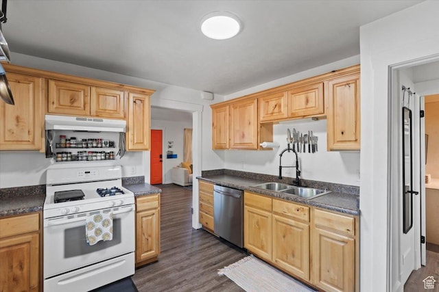 35 E Redondo Ave, Salt Lake City, UT 84115 - kitchen with white range with gas cooktop, a sink, stainless steel dishwasher, dark countertops, and under cabinet range hood
