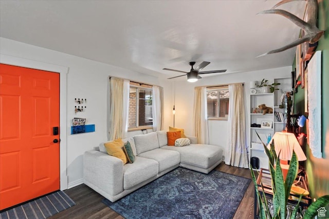 35 E Redondo Ave, Salt Lake City, UT 84115 - living room featuring dark wood finished floors, a ceiling fan, and baseboards